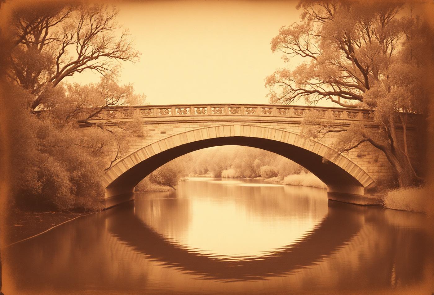 Archival-style photograph of the bluestone bridge over the Plenty River