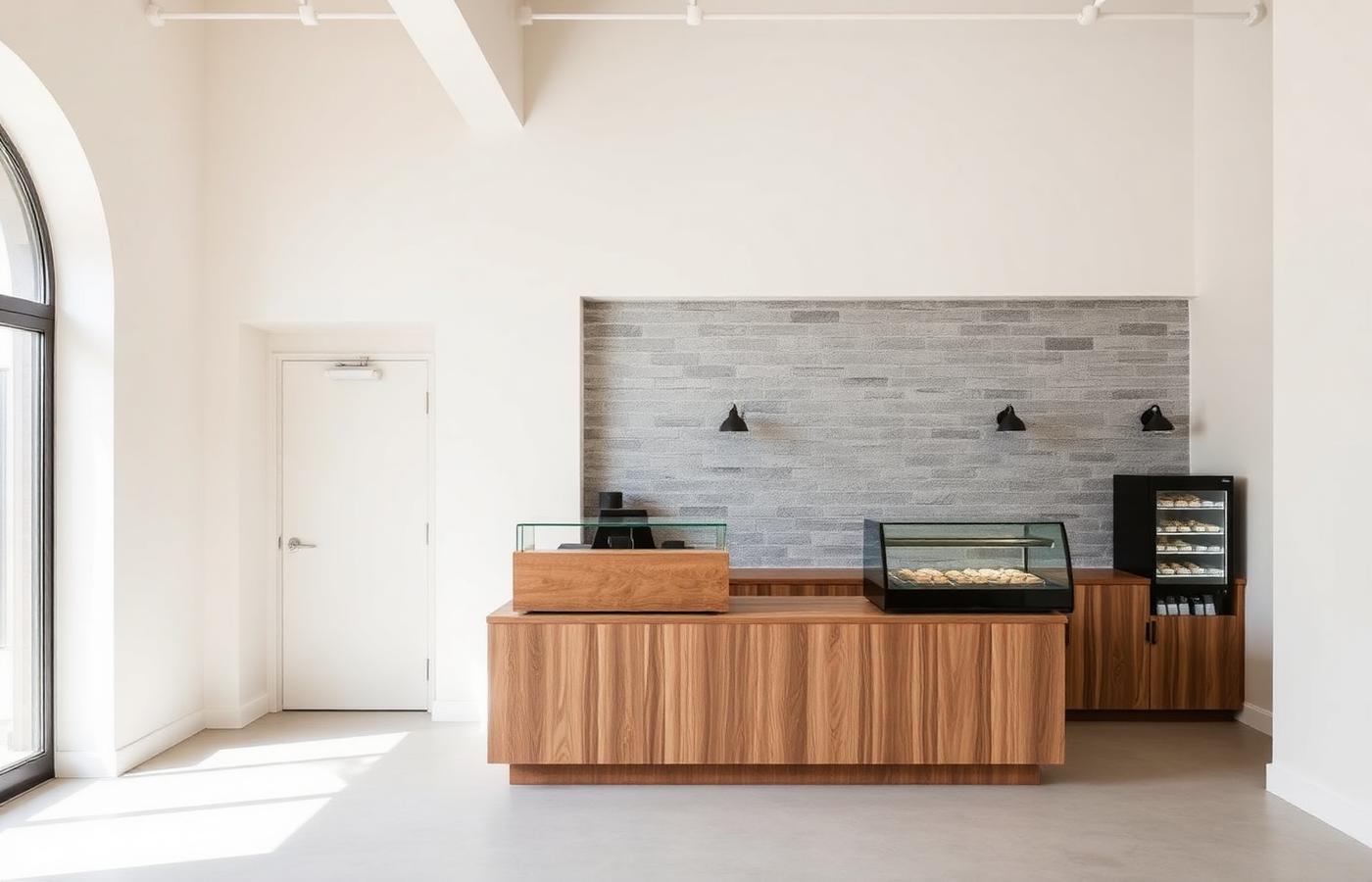 The bakery interior, with a bluestone accent wall and timber counter